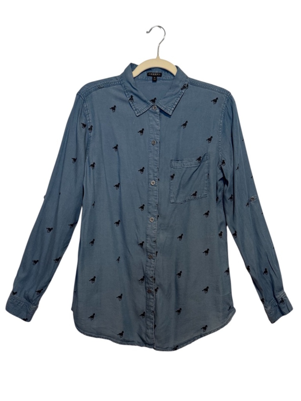 Hannah Chambray Horse Print Button Down Long Sleeve Blouse Top Size Medium
